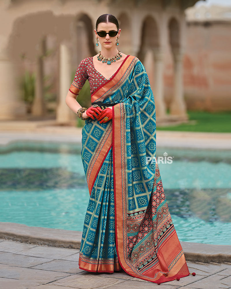 Blue Bandhani Printed Silk Saree with Unstitched Blouse 01
