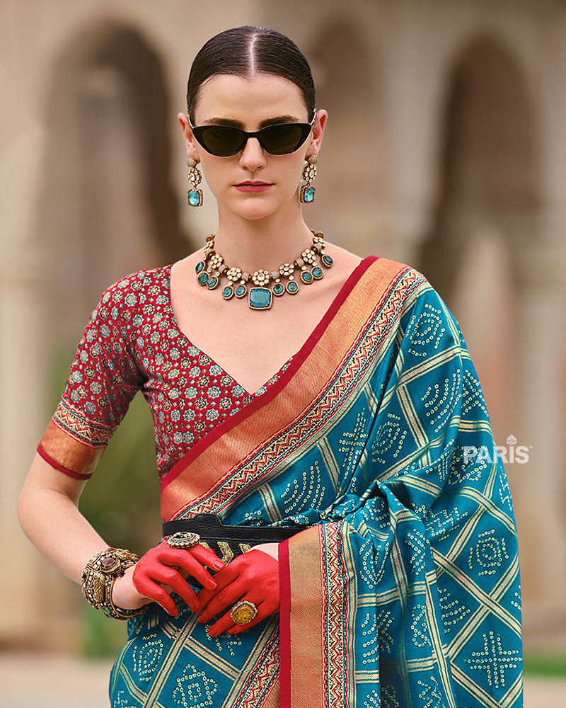 Blue Bandhani Printed Silk Saree with Unstitched Blouse 02