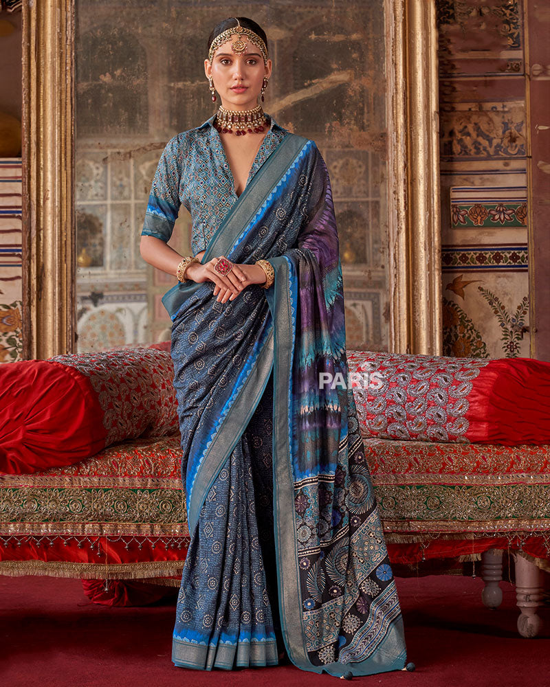Blue Printed Silk Saree with Unstitched Blouse 01
