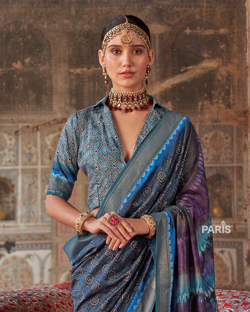 Blue Printed Silk Saree with Unstitched Blouse 02