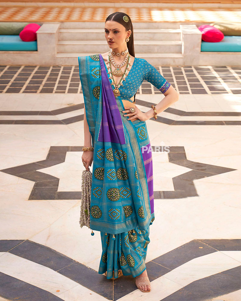Blue and Purple Printed Patola Silk Saree with Unstitched Blouse 01