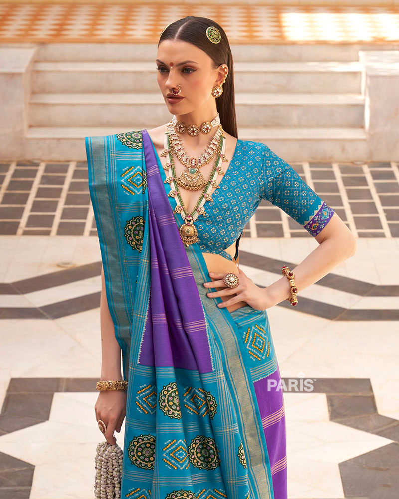 Blue and Purple Printed Patola Silk Saree with Unstitched Blouse 02