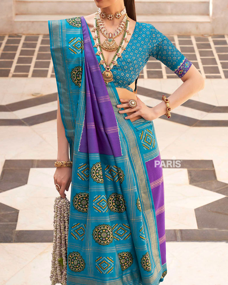 Blue and Purple Printed Patola Silk Saree with Unstitched Blouse 03