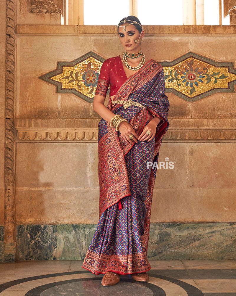 Blue and Red Border Banarasi Jacquard Silk Saree with Unstitched Blouse 01