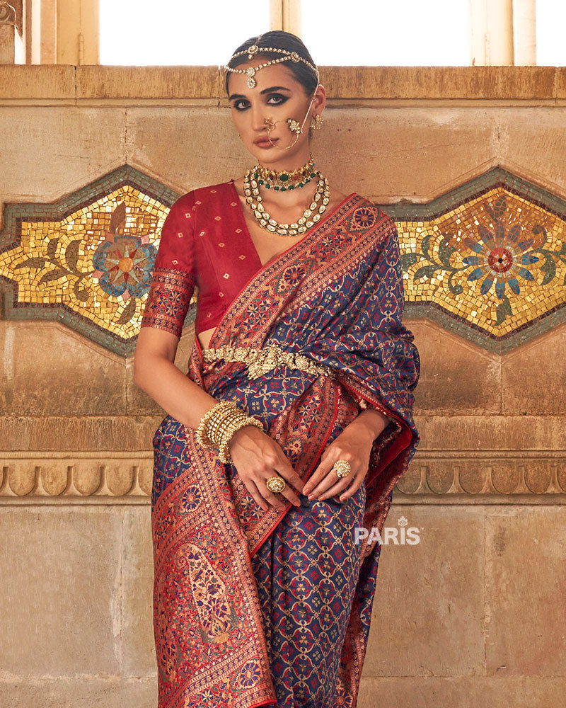 Blue and Red Border Banarasi Jacquard Silk Saree with Unstitched Blouse 02