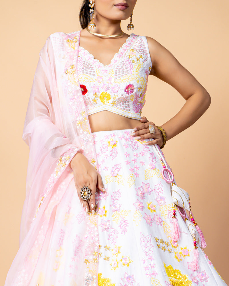 Blush Pink Designer Embroidered Lehenga Choli with Net Dupatta