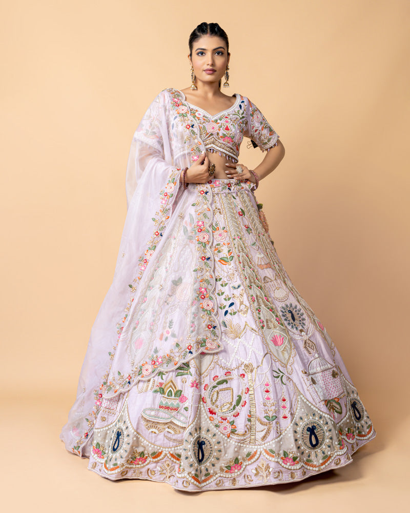 Baby Pink Lehenga Choli with Zardozi Embroidery and Net Dupatta