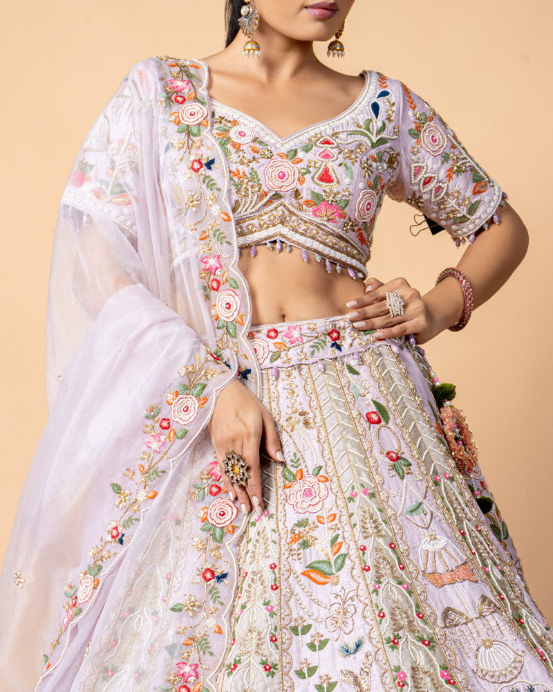 Baby Pink Lehenga Choli with Zardozi Embroidery and Net Dupatta