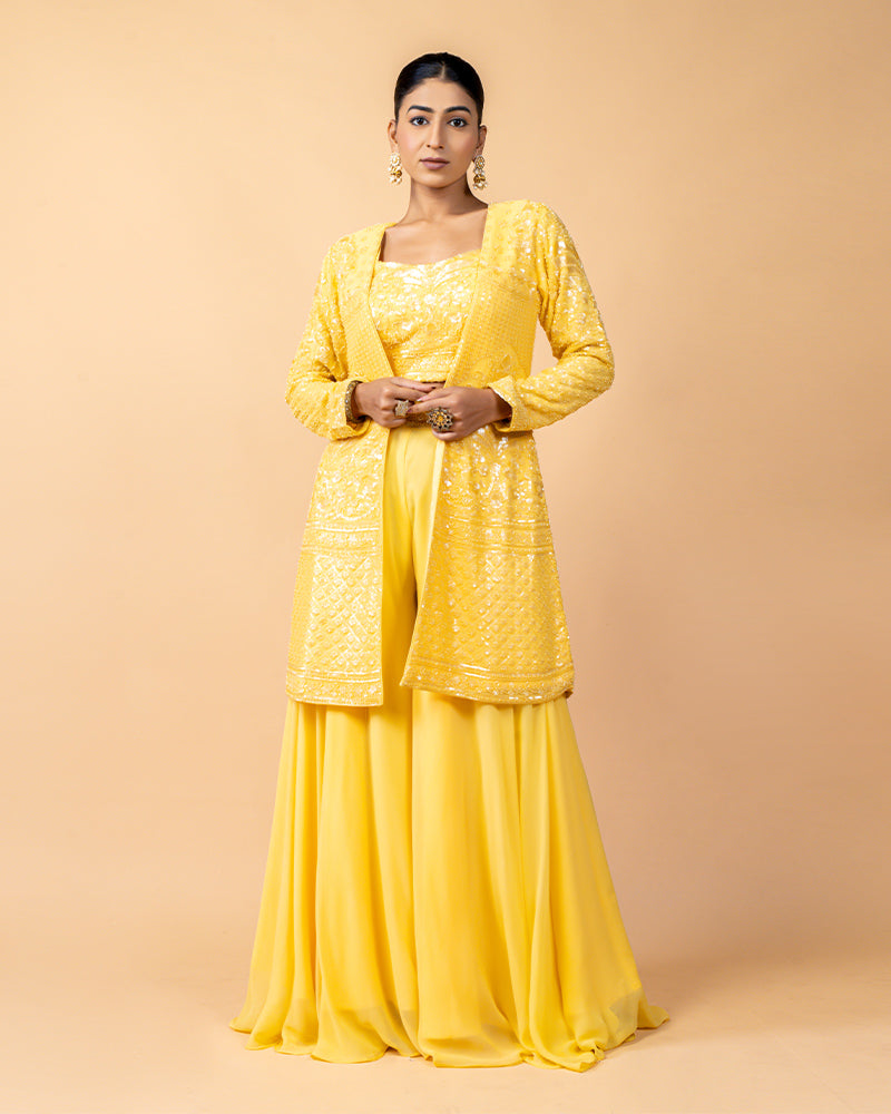 Bright Yellow Palazzo Suit and Crop top with Embroidered Jacket