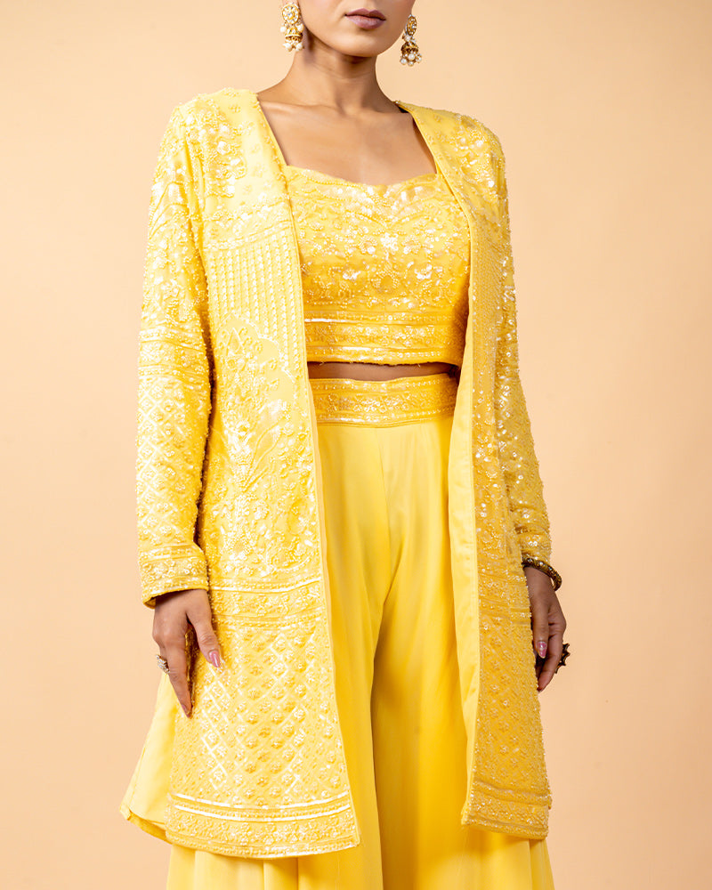 Bright Yellow Palazzo Suit and Crop top with Embroidered Jacket