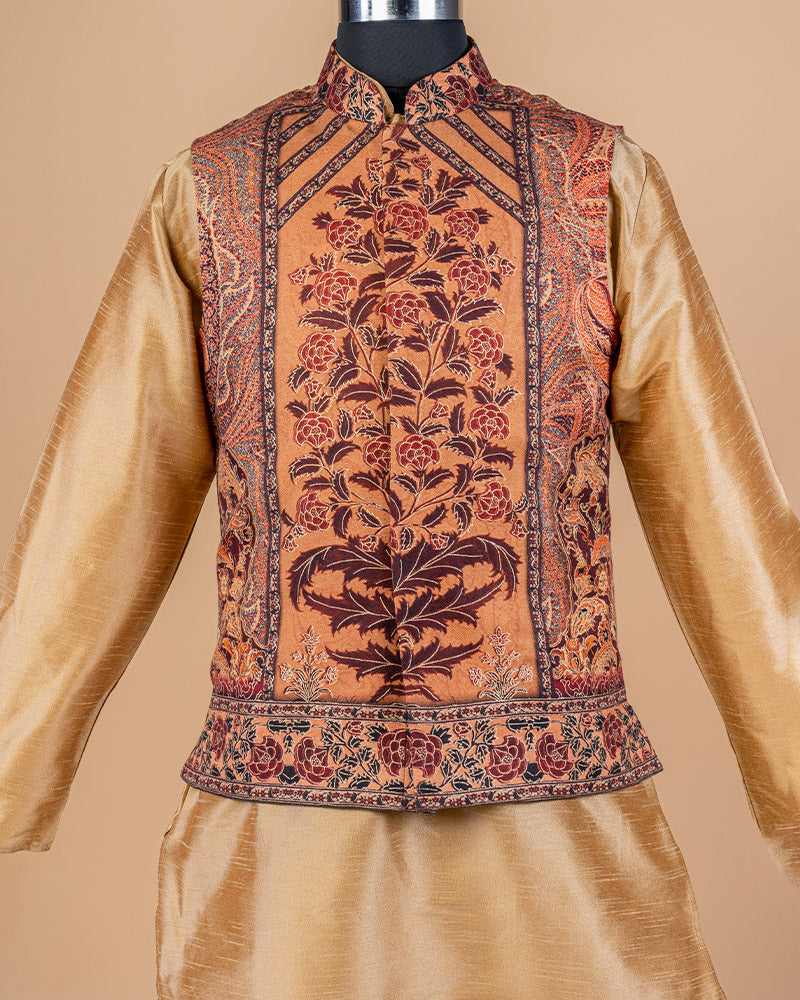 Brown Men Floral Print Nehru Jacket Set