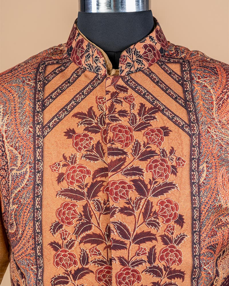 Brown Men Floral Print Nehru Jacket Set