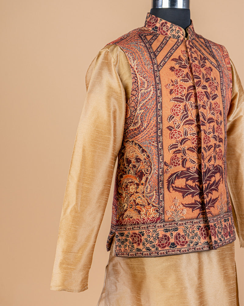 Brown Men Floral Print Nehru Jacket Set