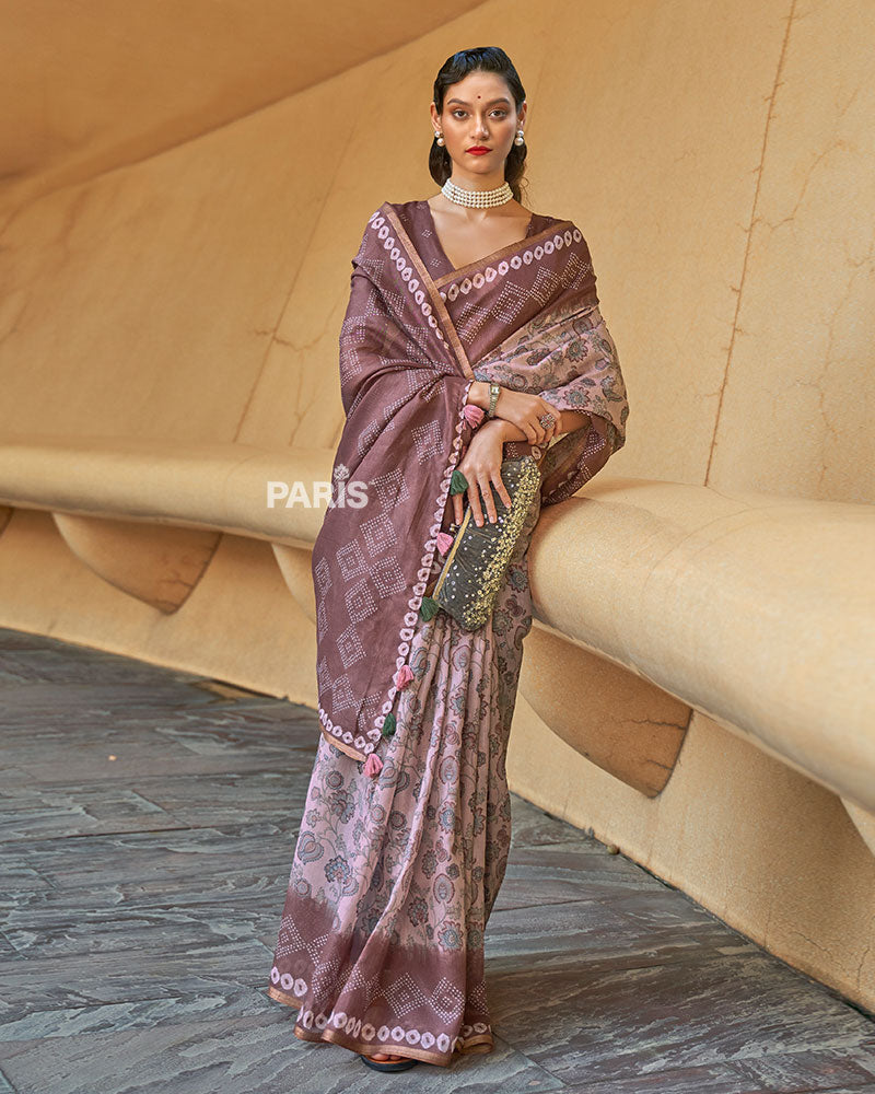 Brown Floral Printed Cotton Saree with Unstitched Blouse 01
