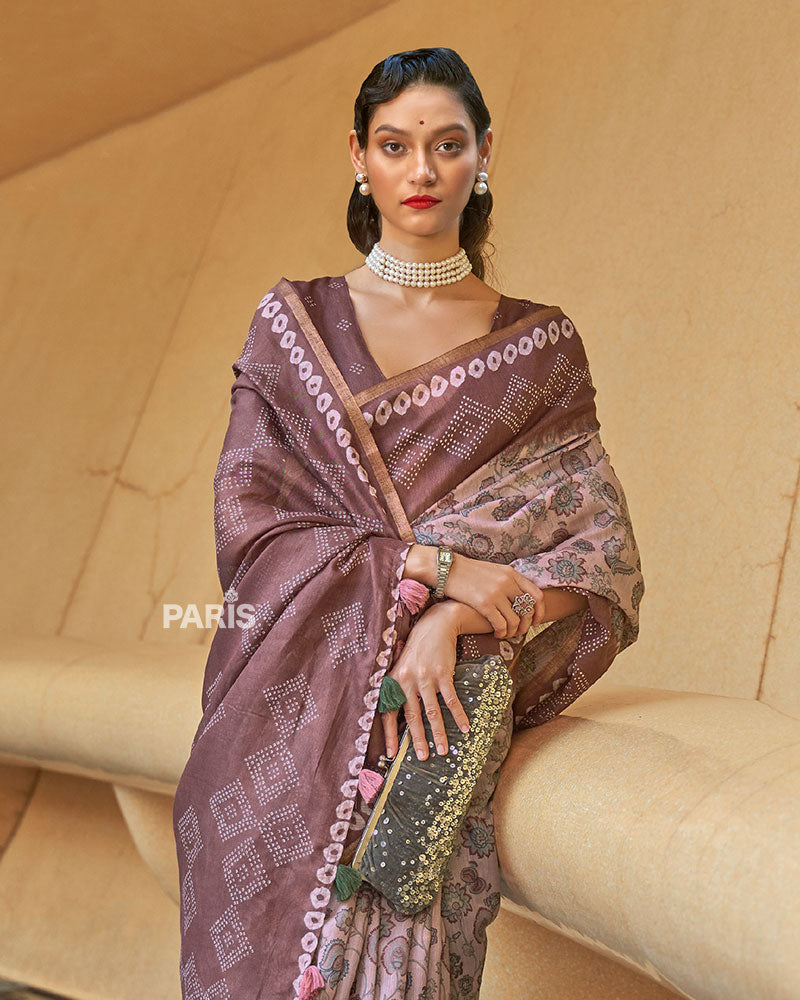 Brown Floral Printed Cotton Saree with Unstitched Blouse 02