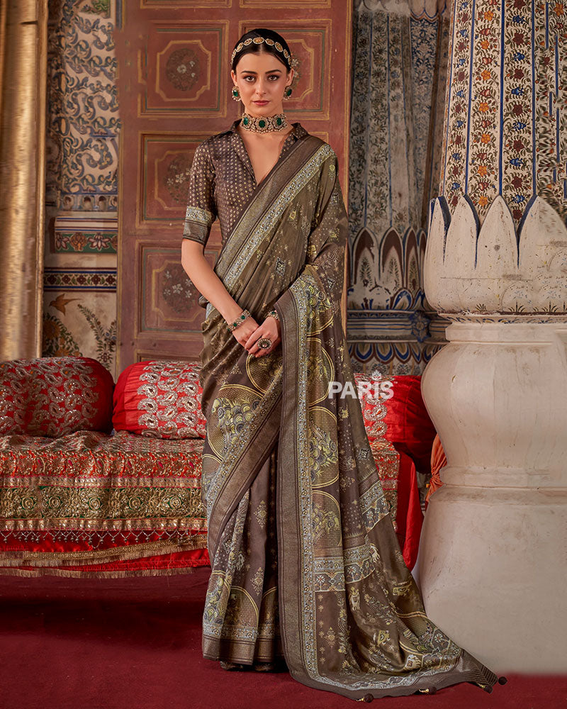 Brown Printed Silk Saree with Unstitched Blouse 01
