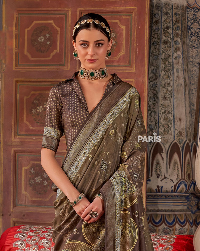 Brown Printed Silk Saree with Unstitched Blouse 02