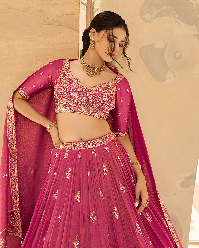 Carrot Pink Lehenga Choli Hand Embroidered