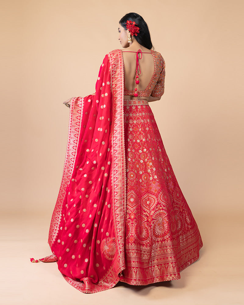 Charming Bright Red Lehenga Choli with Exquisite Dupatta