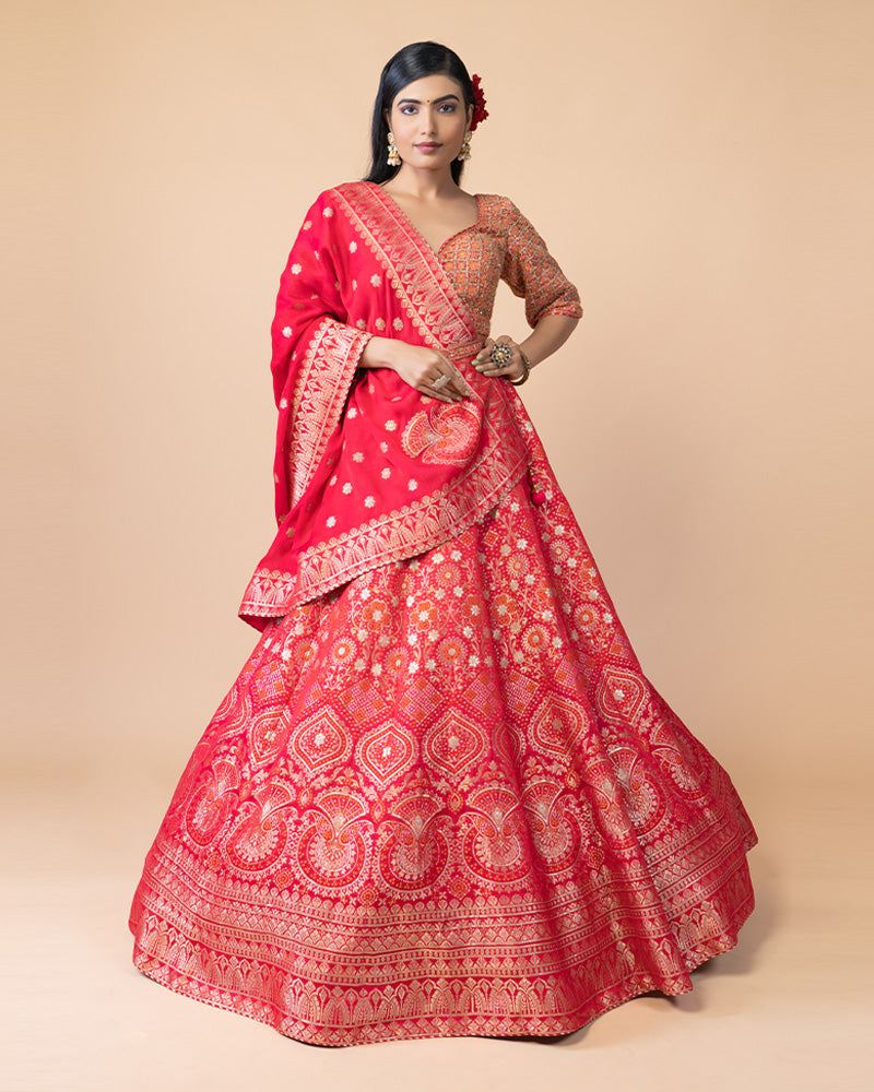 Charming Bright Red Lehenga Choli with Exquisite Dupatta