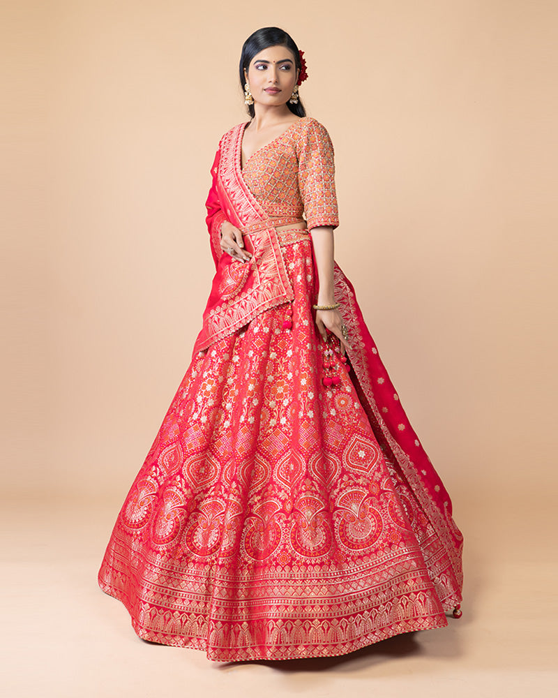 Charming Bright Red Lehenga Choli with Exquisite Dupatta