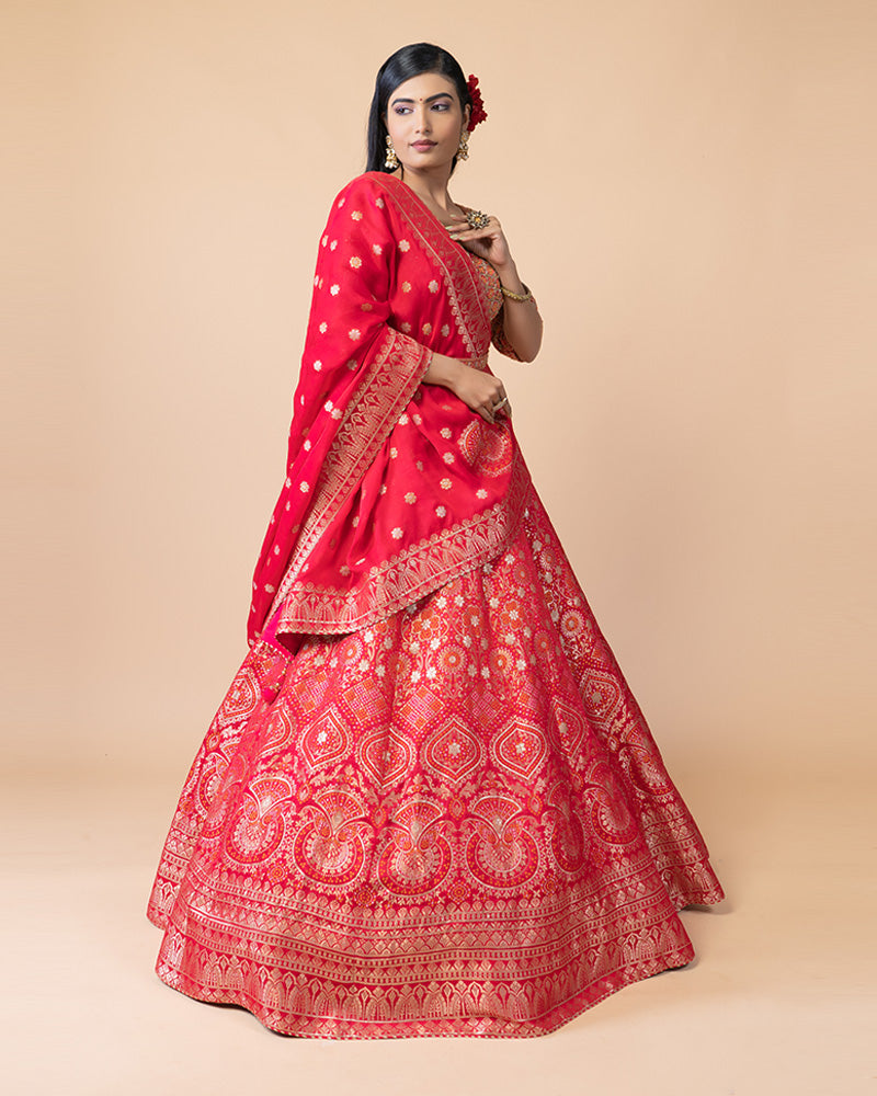 Charming Bright Red Lehenga Choli with Exquisite Dupatta