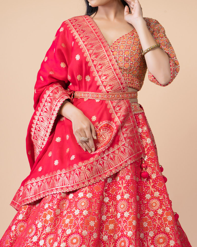 Charming Bright Red Lehenga Choli with Exquisite Dupatta