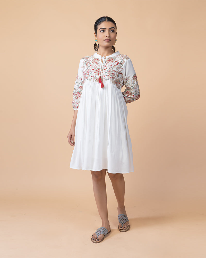 Chic Knee-Length Dress with Intricate Embroidery and Long Sleeves