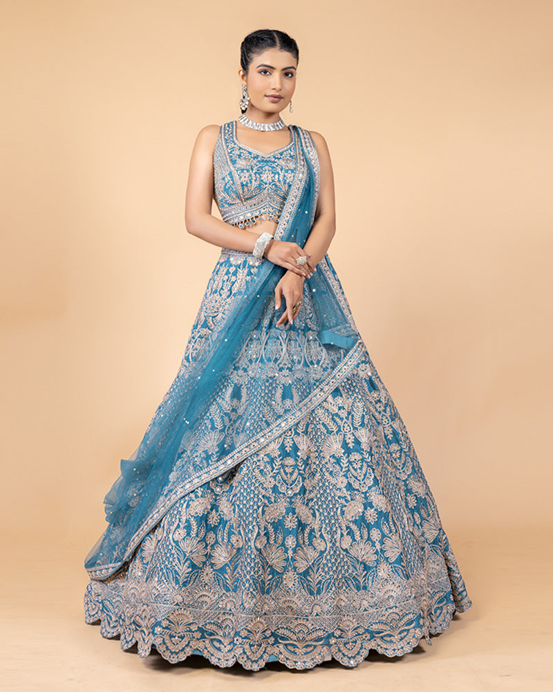 Cool Blue Raw Silk Lehenga Choli with Zardozi Work and Net Dupatta