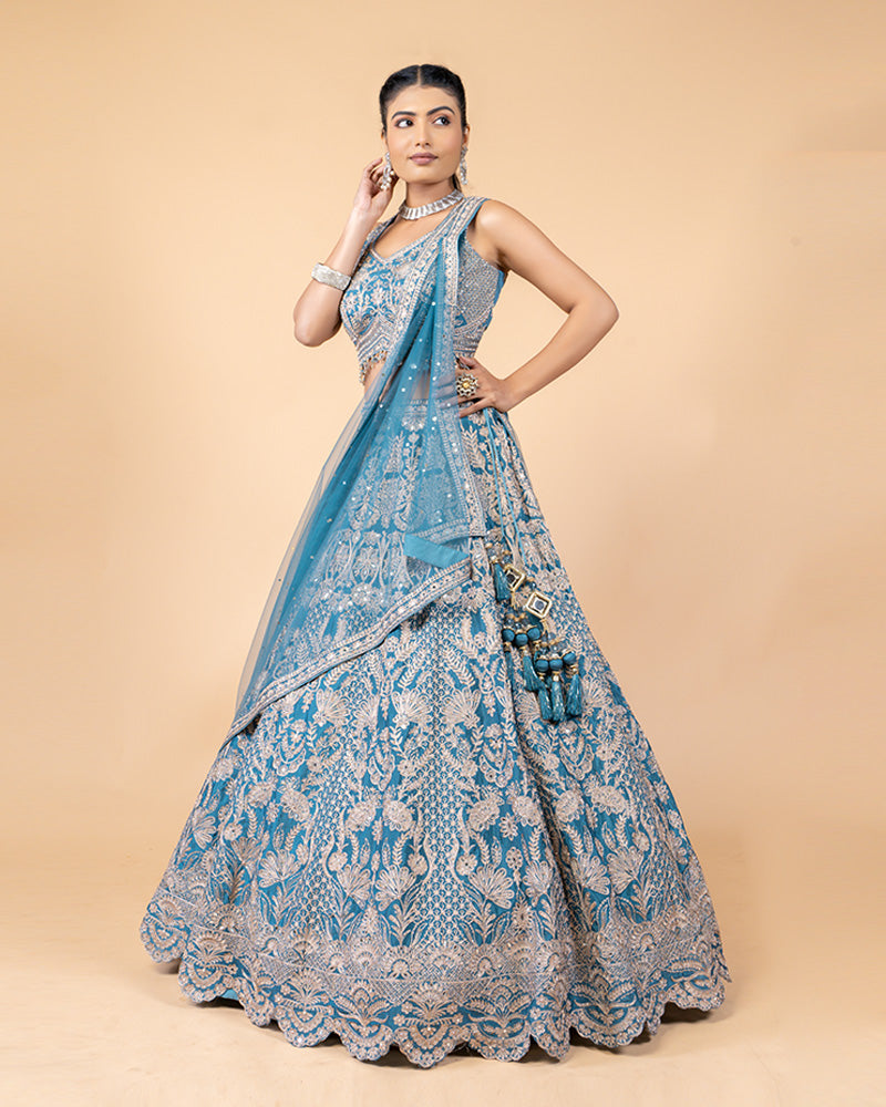 Cool Blue Raw Silk Lehenga Choli with Zardozi Work and Net Dupatta