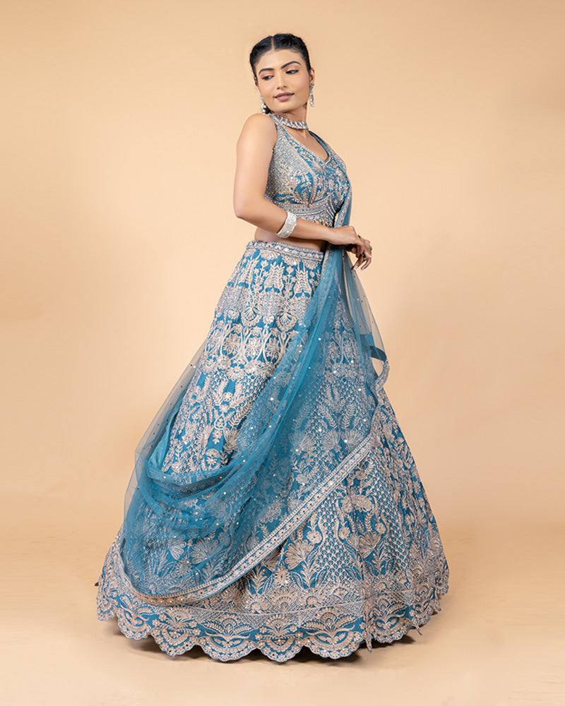 Cool Blue Raw Silk Lehenga Choli with Zardozi Work and Net Dupatta