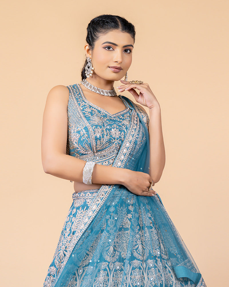 Cool Blue Raw Silk Lehenga Choli with Zardozi Work and Net Dupatta