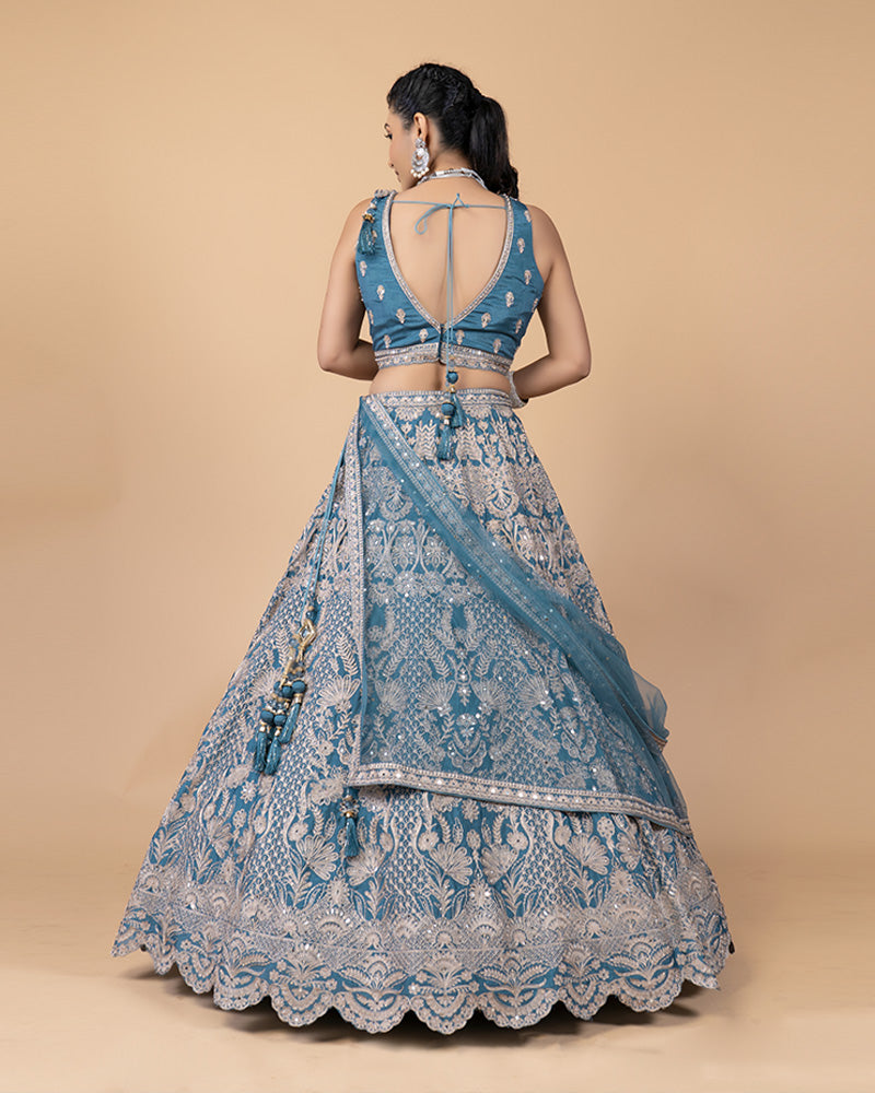 Cool Blue Raw Silk Lehenga Choli with Zardozi Work and Net Dupatta