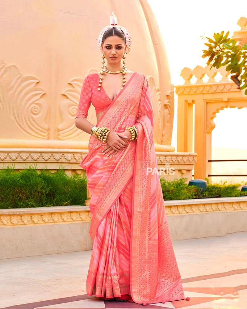 Coral Peach Printed Silk Saree with Unstitched Blouse 01