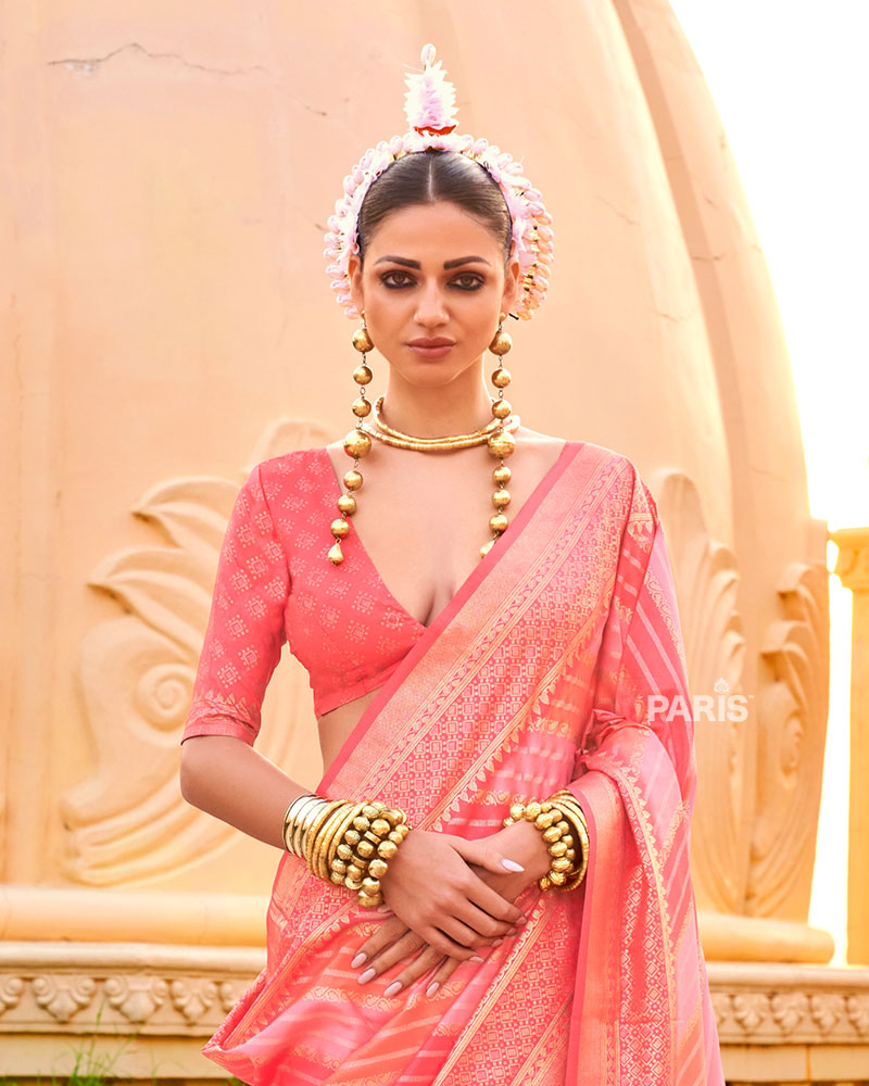 Coral Peach Printed Silk Saree with Unstitched Blouse 02