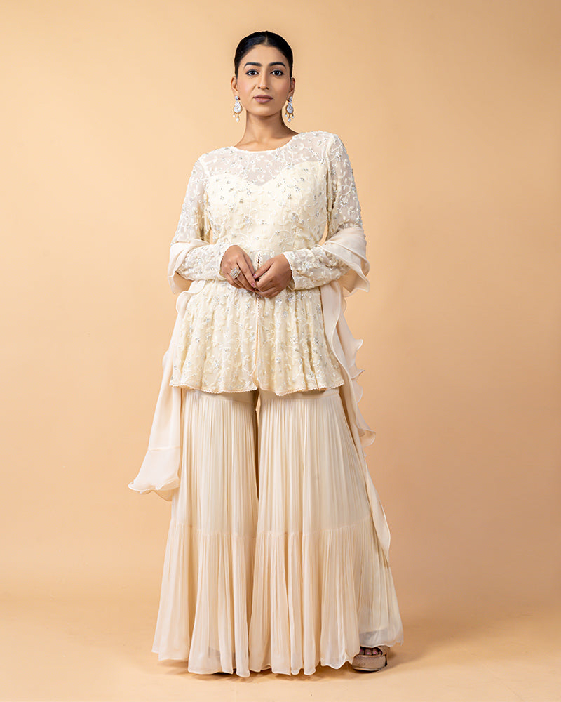 Cream Peplum Top Style Palazzo Suit with Ruffled Dupatta