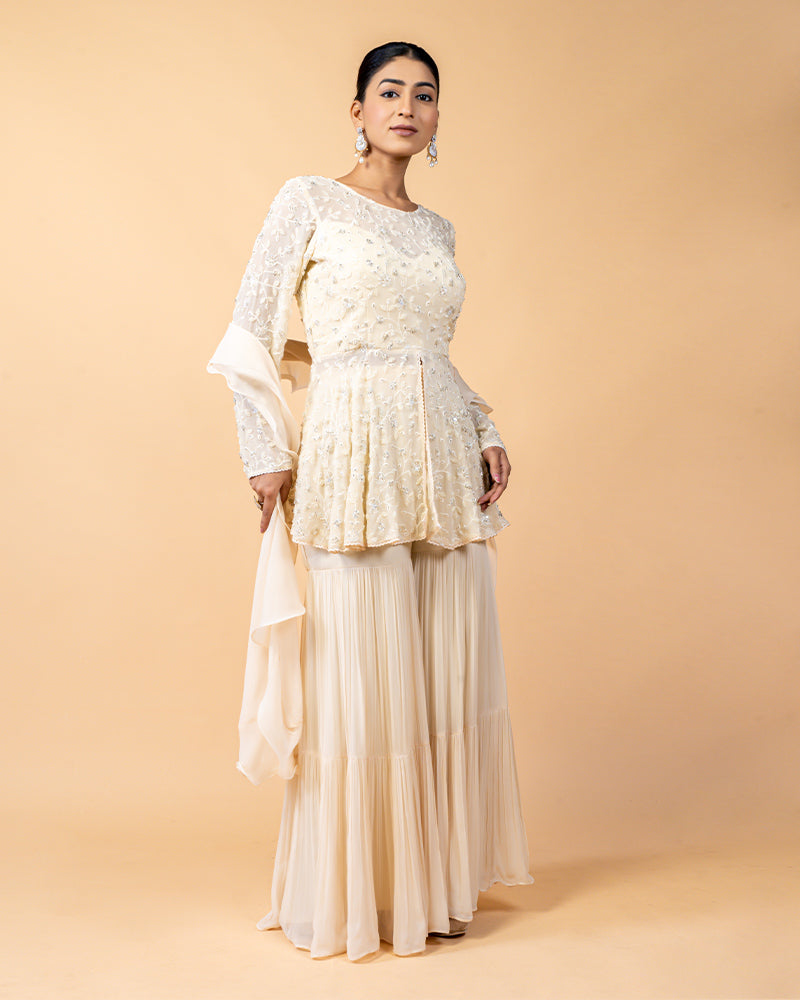 Cream Peplum Top Style Palazzo Suit with Ruffled Dupatta