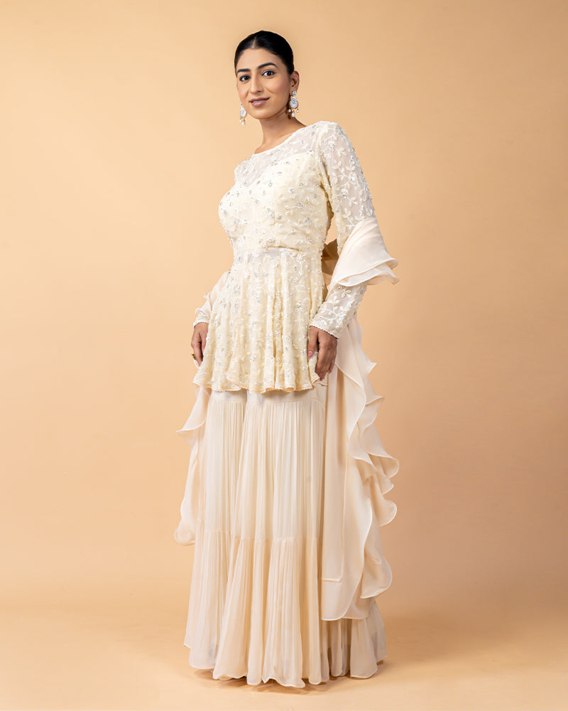 Cream Peplum Top Style Palazzo Suit with Ruffled Dupatta