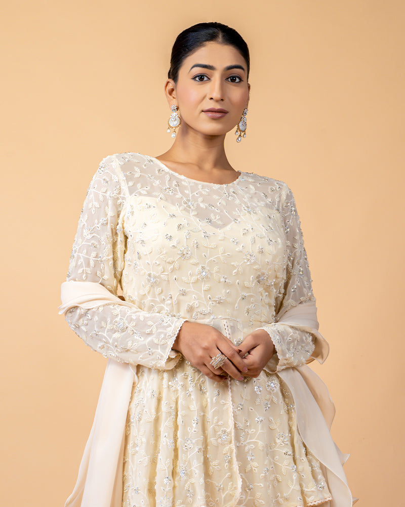 Cream Peplum Top Style Palazzo Suit with Ruffled Dupatta