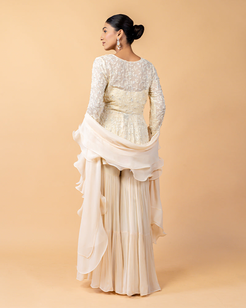 Cream Peplum Top Style Palazzo Suit with Ruffled Dupatta