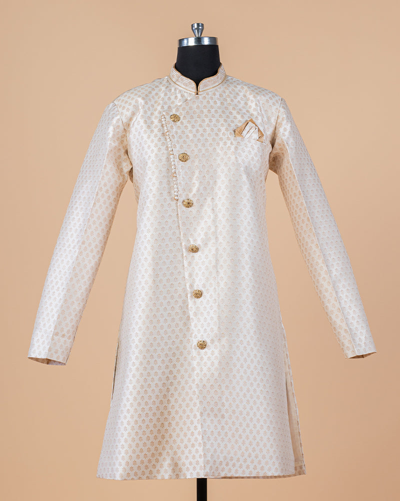 Cream Printed Men Silk Indo-Western Sherwani Set