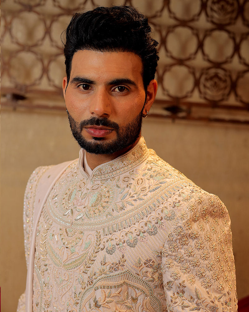 Cream Resham Embroidered Sherwani Set With Belt