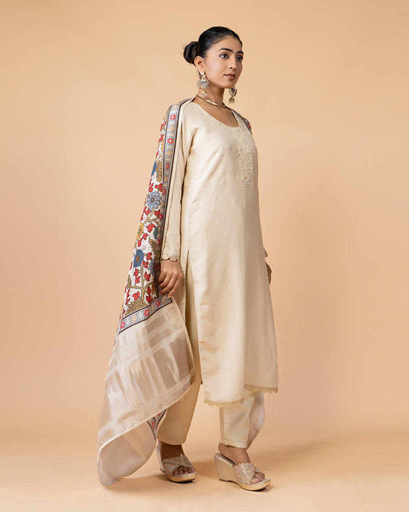 Cream Salwar Kameez with Printed Dupatta