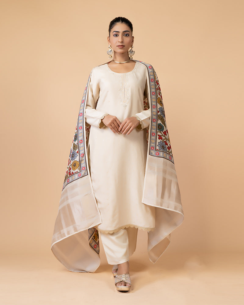 Cream Salwar Kameez with Printed Dupatta