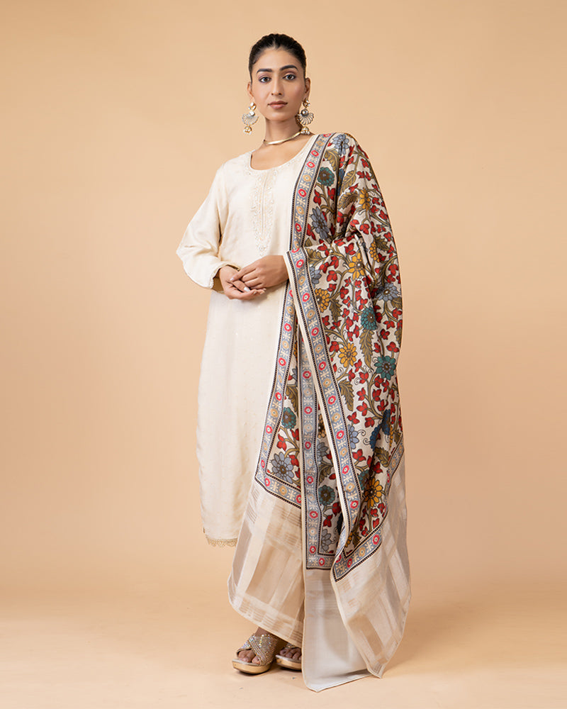 Cream Salwar Kameez with Printed Dupatta