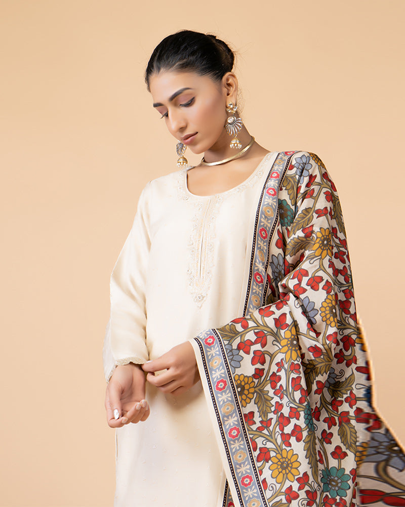 Cream Salwar Kameez with Printed Dupatta