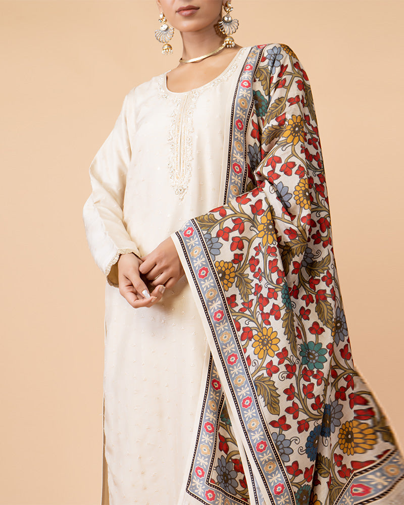 Cream Salwar Kameez with Printed Dupatta