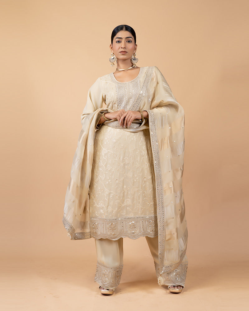 Cream Salwar Kurta with Satin Stitch and Gota Patti Work