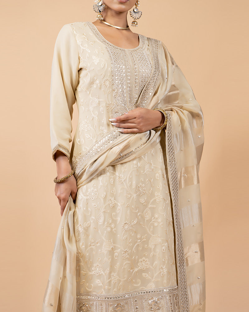 Cream Salwar Kurta with Satin Stitch and Gota Patti Work