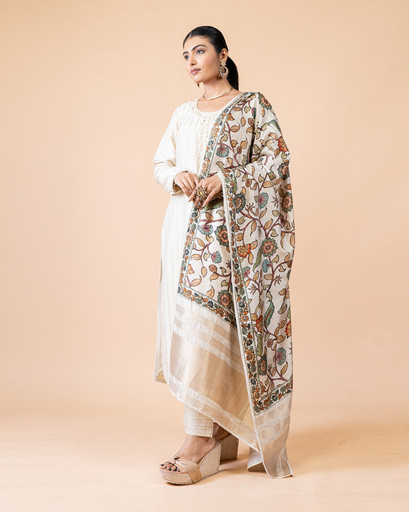 Cream Salwar Suit Set with Sequined Top and Fully Printed Dupatta